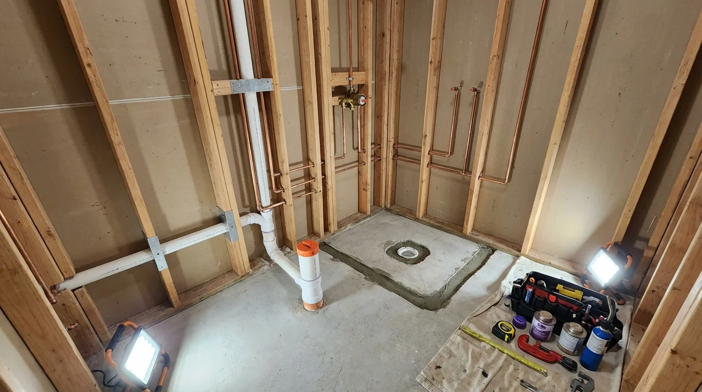 Bathroom rough-in plumbing during remodel by Johns Plumbing LLC in Sunderland