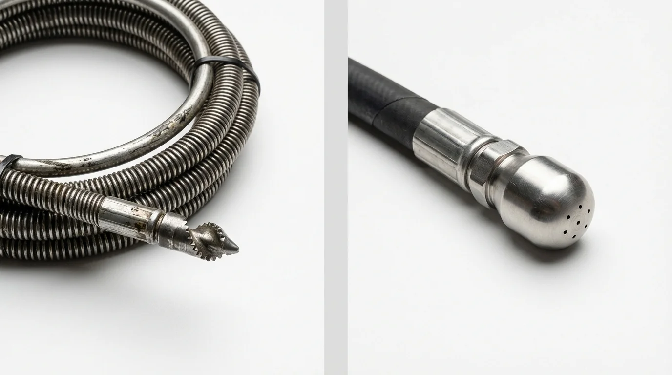 Drain snake cable and hydro jetting nozzle used for drain cleaning in Sunderland, MA
