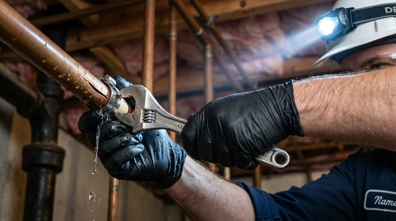 Emergency pipe clamp repair being performed by a Johns Plumbing LLC plumber in Sunderland