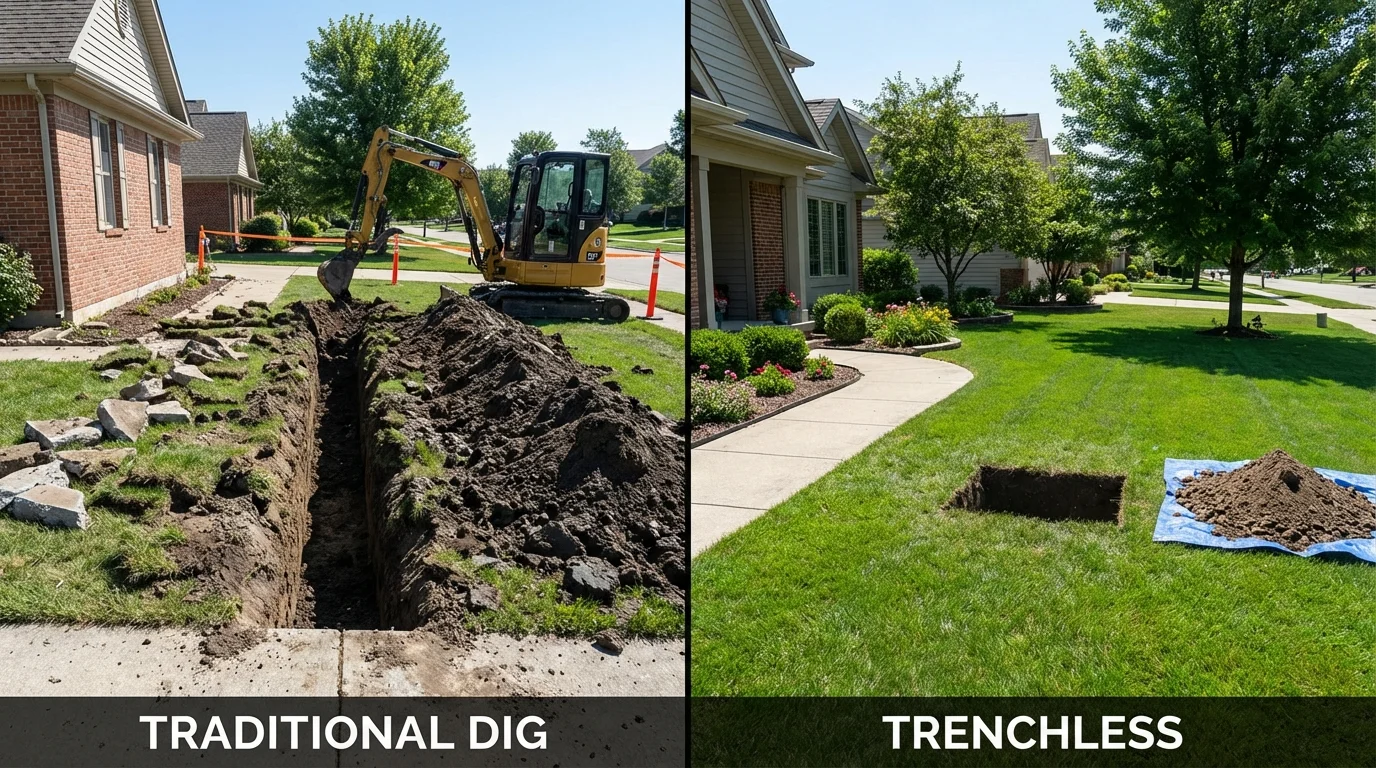 Trenchless sewer repair with minimal yard damage versus traditional excavation in Sunderland, MA