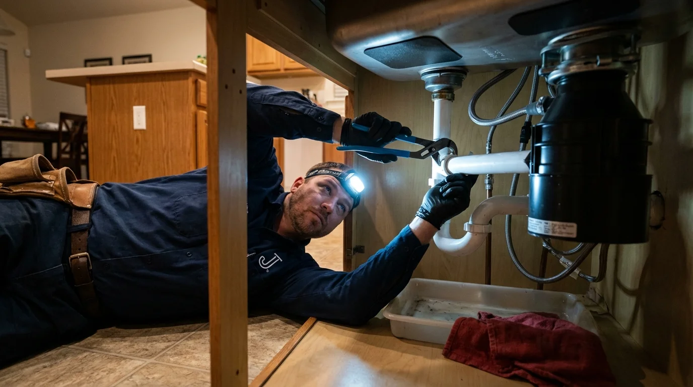 P-trap and supply line connections under a kitchen sink showing a common leak point in Sunderland, MA